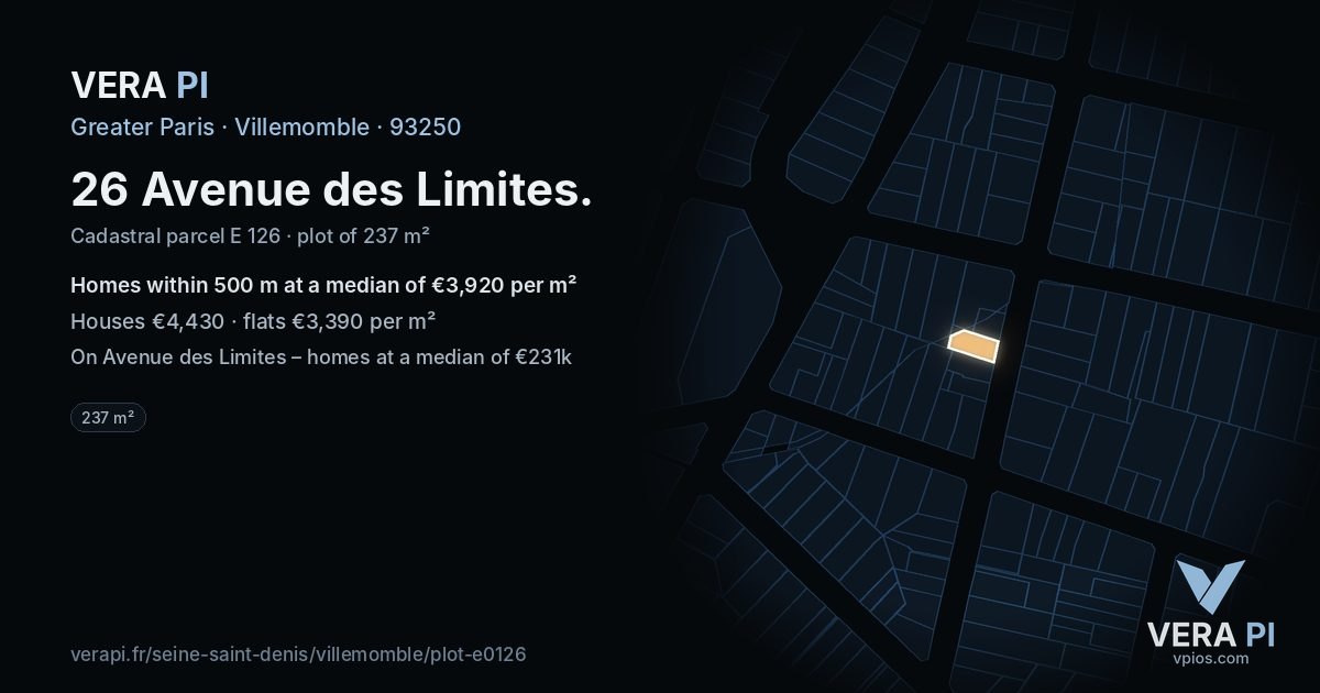 26 Avenue des Limites, Villemomble at night – the plot lit, the parcels around coloured by the prices near them