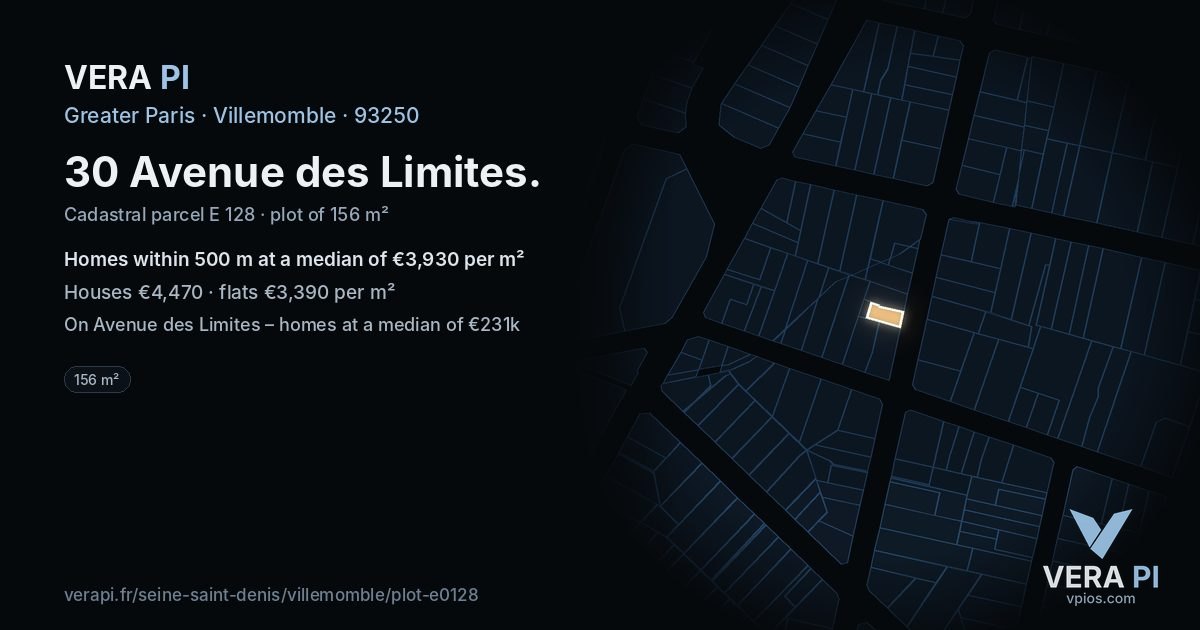 30 Avenue des Limites, Villemomble at night – the plot lit, the parcels around coloured by the prices near them