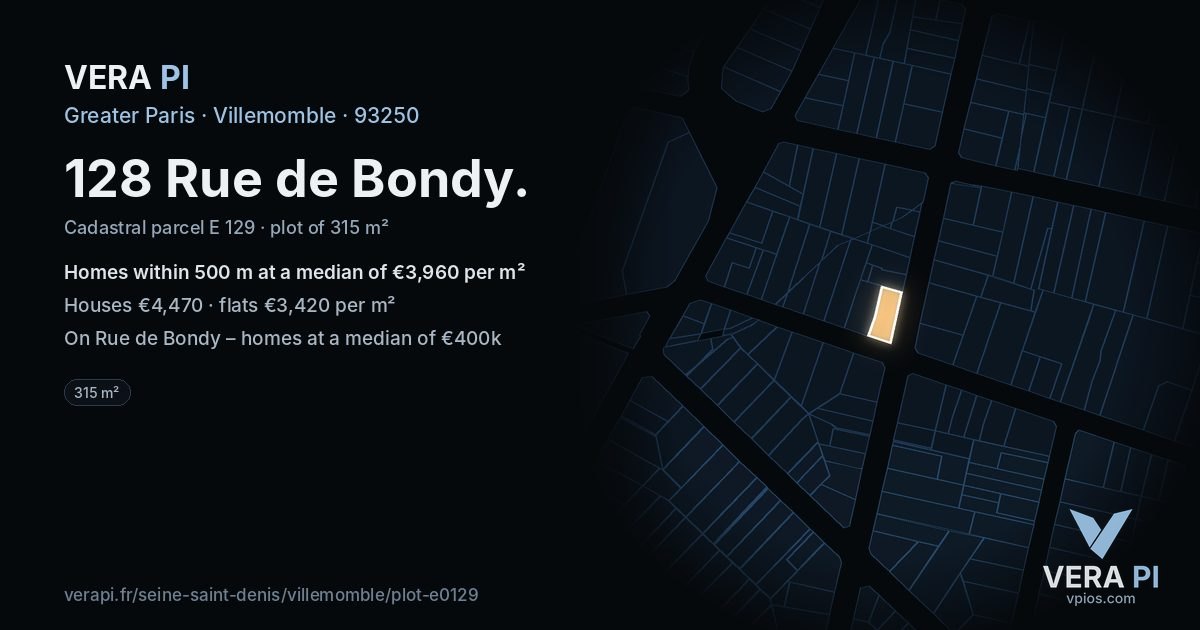 128 Rue de Bondy, Villemomble at night – the plot lit, the parcels around coloured by the prices near them