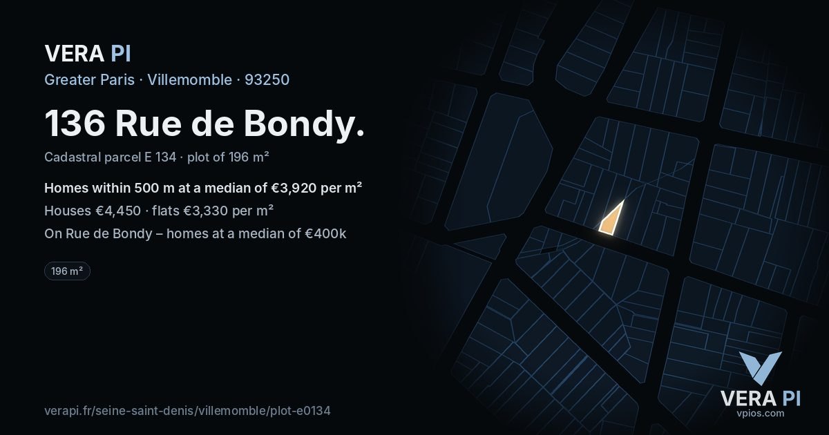 136 Rue de Bondy, Villemomble at night – the plot lit, the parcels around coloured by the prices near them