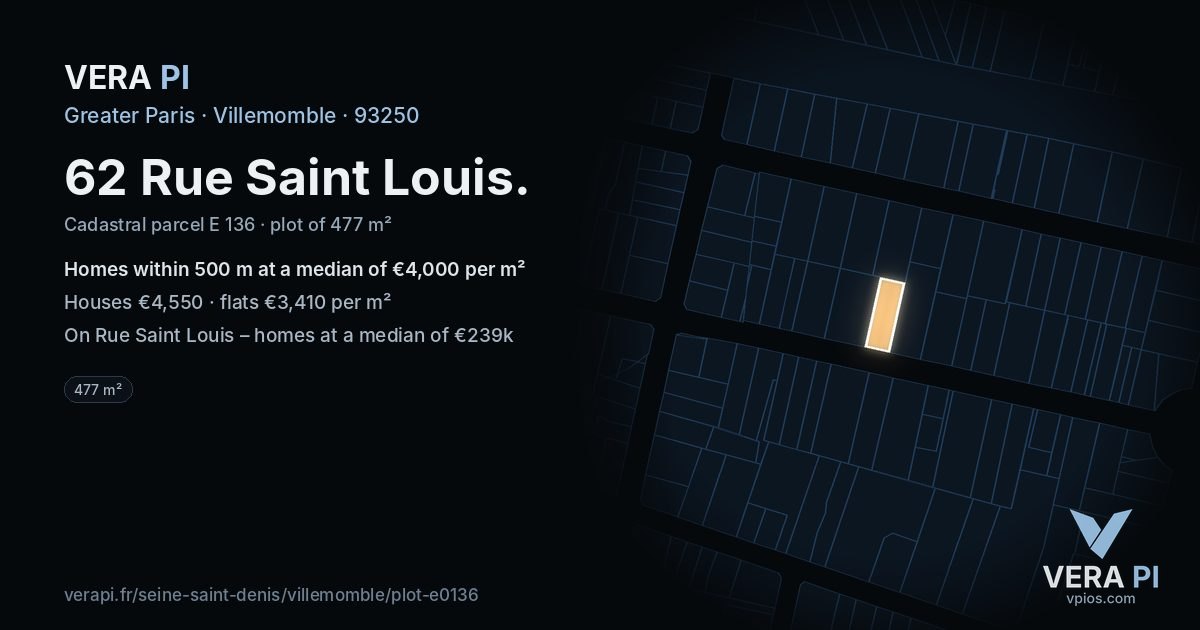 62 Rue Saint Louis, Villemomble at night – the plot lit, the parcels around coloured by the prices near them