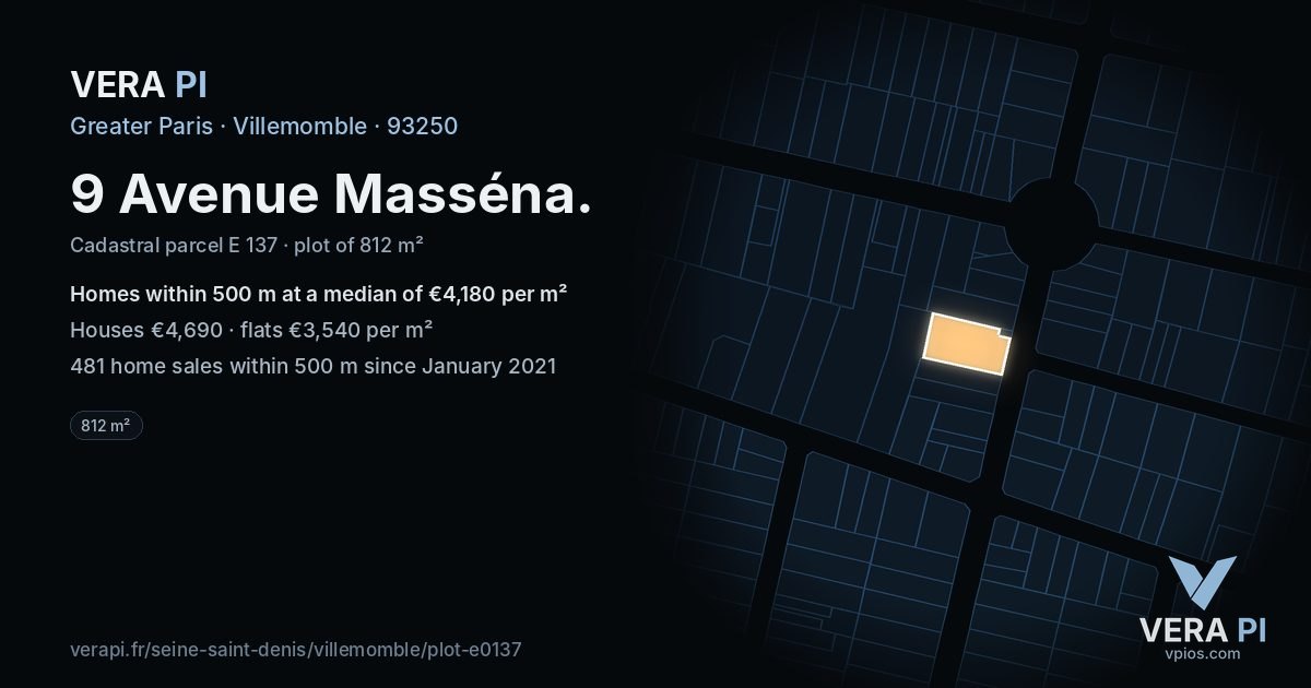 9 Avenue Masséna, Villemomble at night – the plot lit, the parcels around coloured by the prices near them