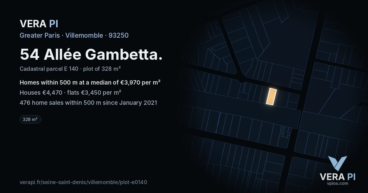 54 Allée Gambetta, Villemomble at night – the plot lit, the parcels around coloured by the prices near them