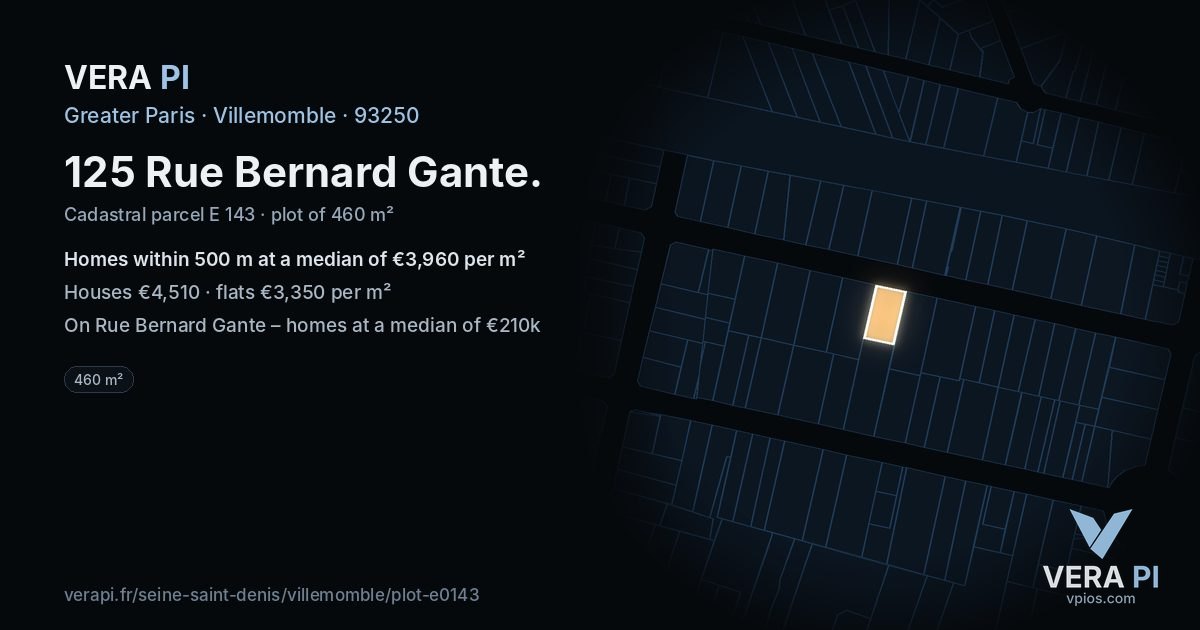125 Rue Bernard Gante, Villemomble at night – the plot lit, the parcels around coloured by the prices near them