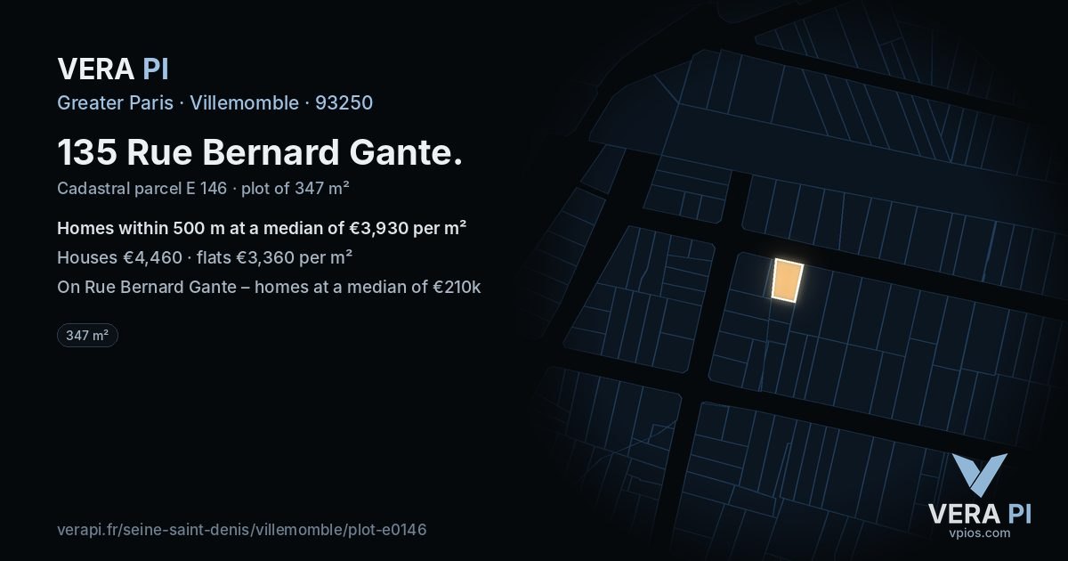 135 Rue Bernard Gante, Villemomble at night – the plot lit, the parcels around coloured by the prices near them