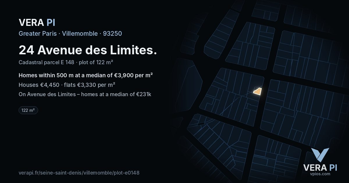 24 Avenue des Limites, Villemomble at night – the plot lit, the parcels around coloured by the prices near them