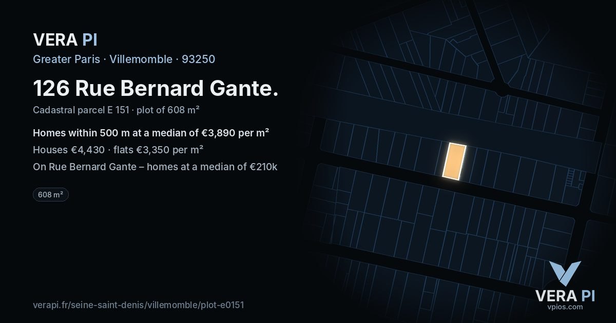 126 Rue Bernard Gante, Villemomble at night – the plot lit, the parcels around coloured by the prices near them