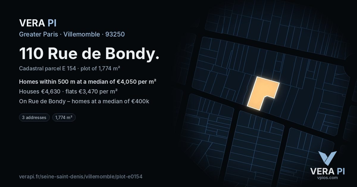 110 Rue de Bondy, Villemomble at night – the plot lit, the parcels around coloured by the prices near them