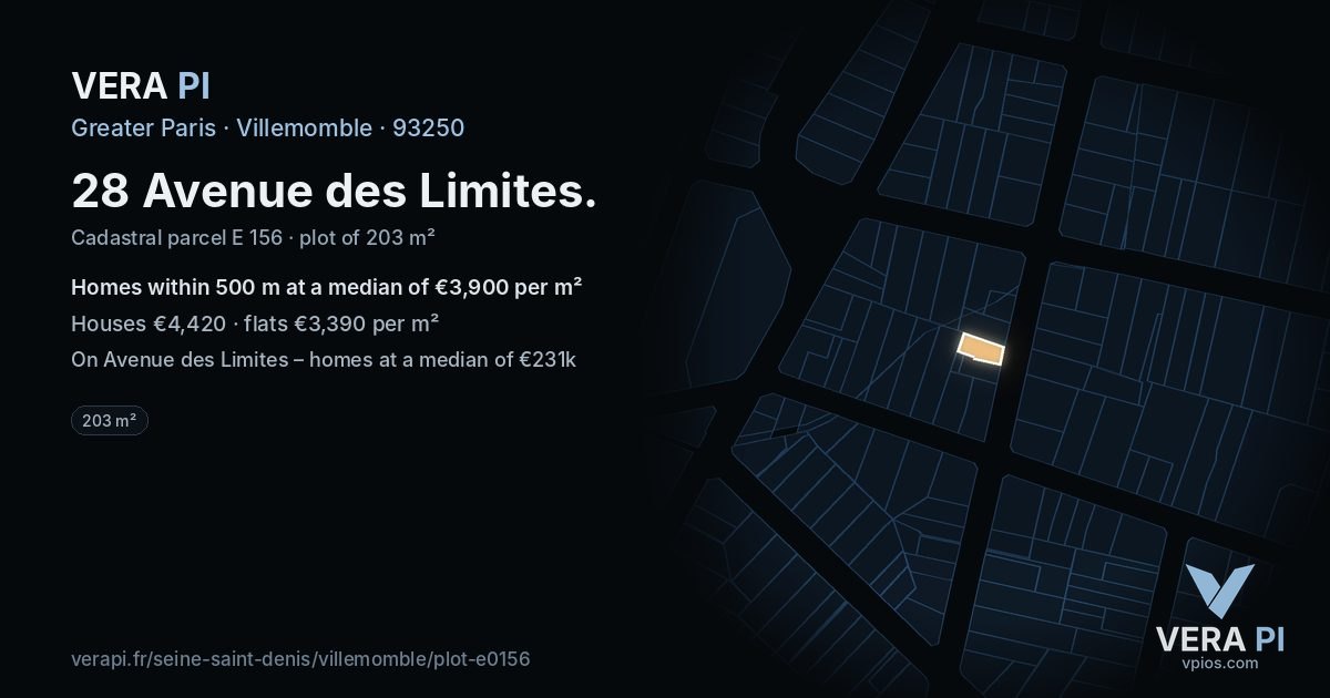 28 Avenue des Limites, Villemomble at night – the plot lit, the parcels around coloured by the prices near them