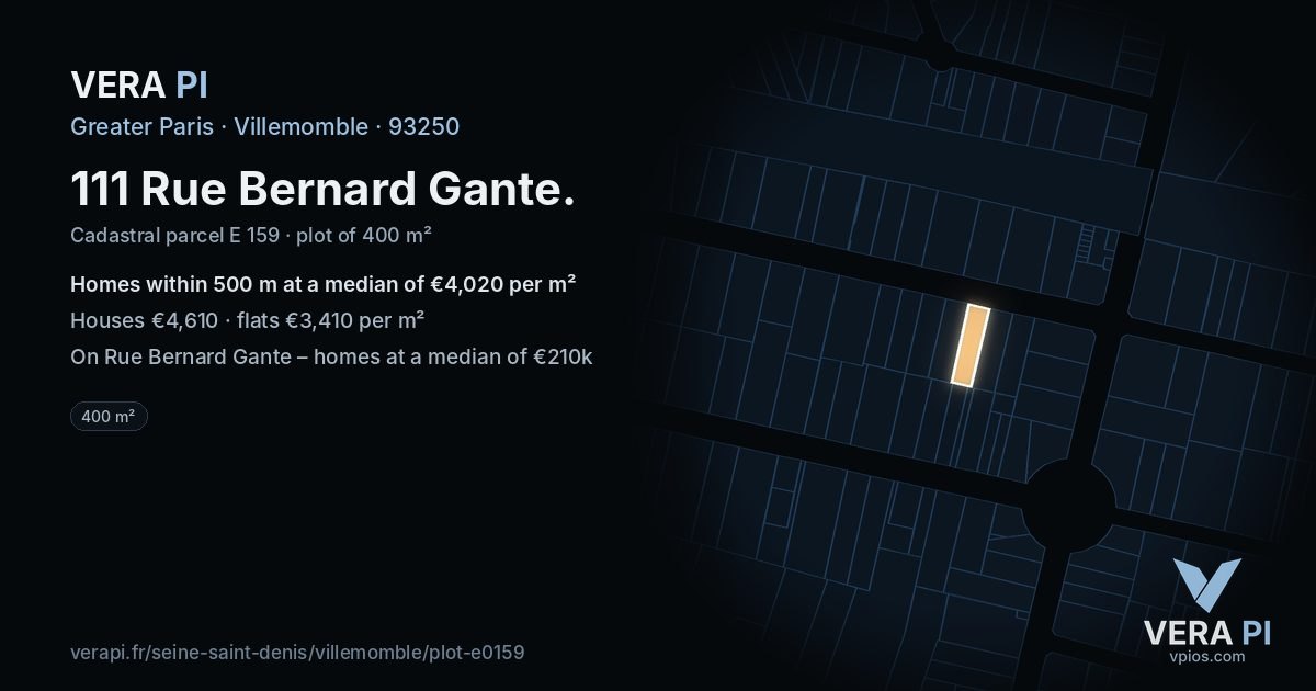 111 Rue Bernard Gante, Villemomble at night – the plot lit, the parcels around coloured by the prices near them