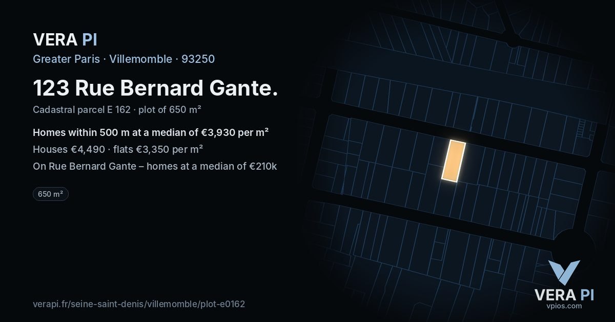 123 Rue Bernard Gante, Villemomble at night – the plot lit, the parcels around coloured by the prices near them