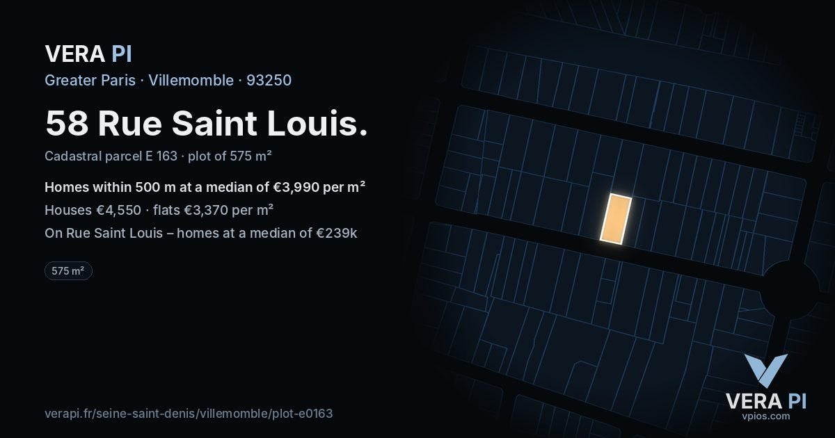 58 Rue Saint Louis, Villemomble at night – the plot lit, the parcels around coloured by the prices near them