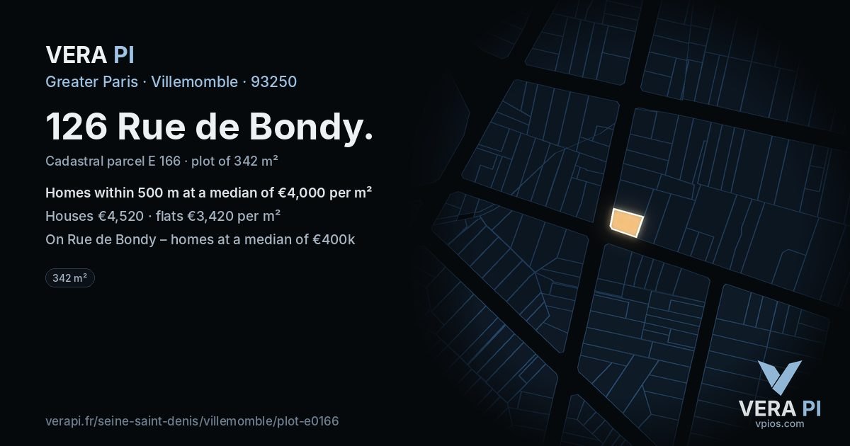 126 Rue de Bondy, Villemomble at night – the plot lit, the parcels around coloured by the prices near them