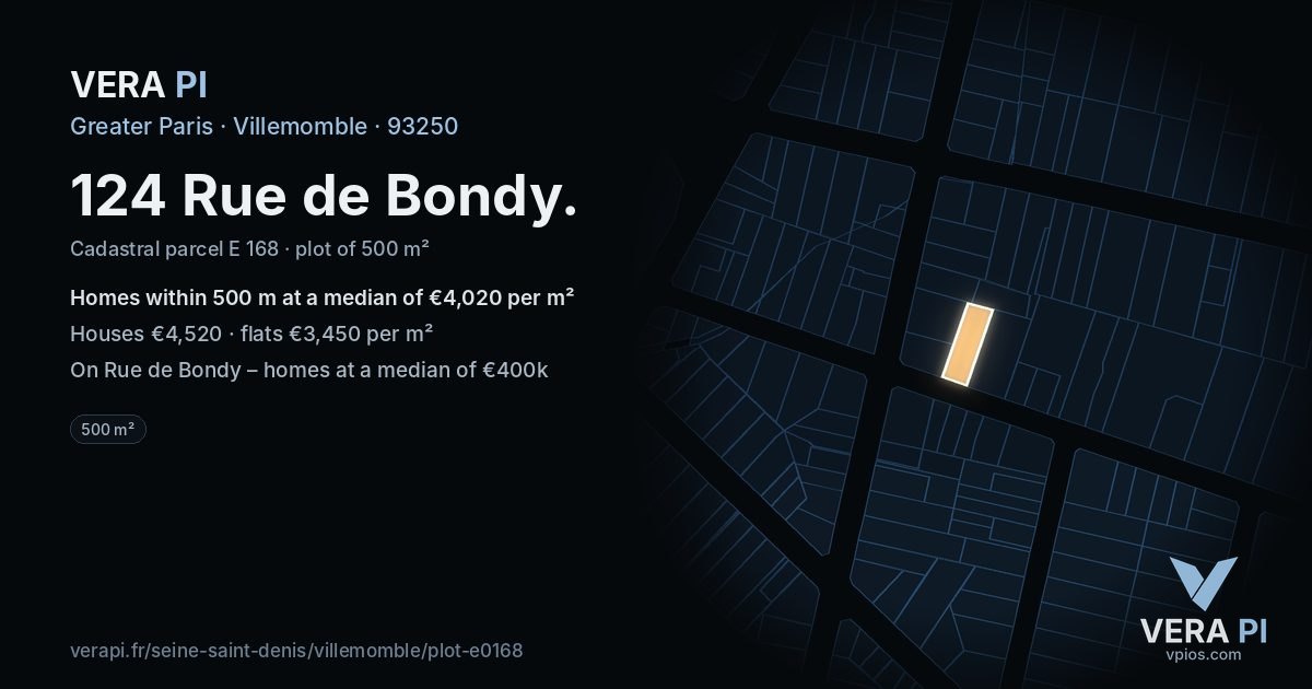 124 Rue de Bondy, Villemomble at night – the plot lit, the parcels around coloured by the prices near them