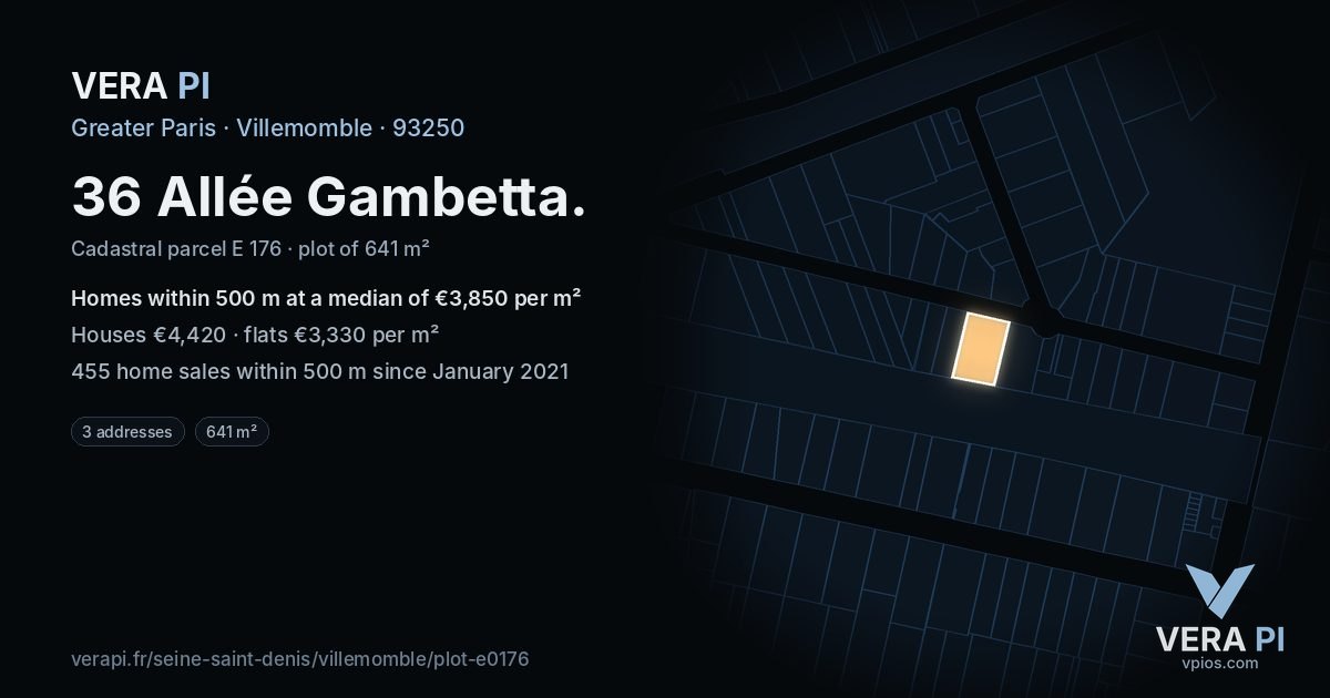 36 Allée Gambetta, Villemomble at night – the plot lit, the parcels around coloured by the prices near them