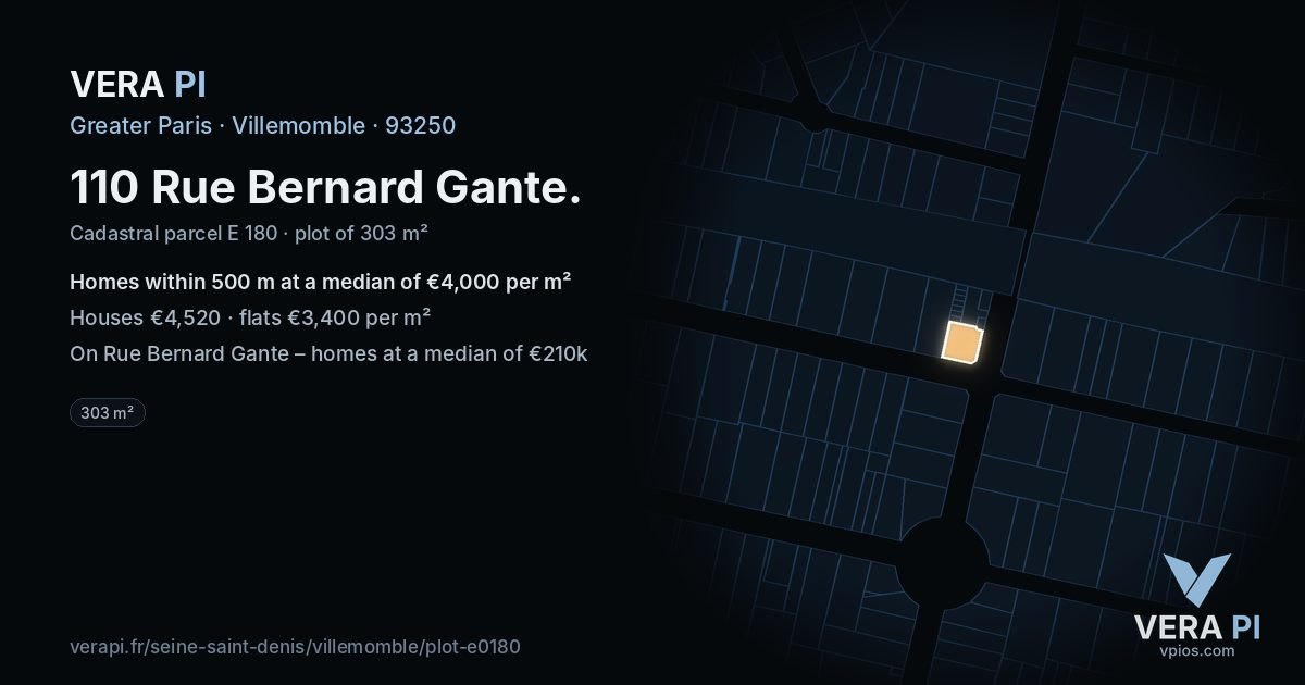 110 Rue Bernard Gante, Villemomble at night – the plot lit, the parcels around coloured by the prices near them