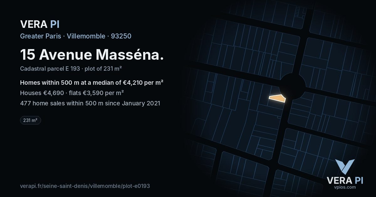 15 Avenue Masséna, Villemomble at night – the plot lit, the parcels around coloured by the prices near them