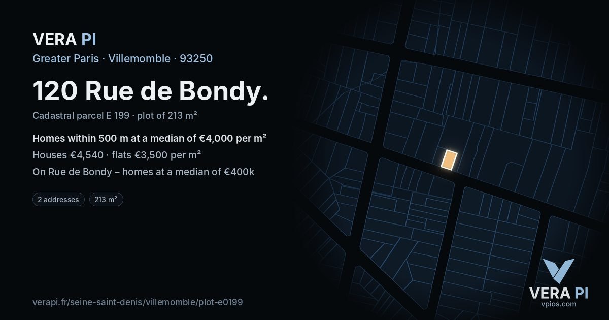 120 Rue de Bondy, Villemomble at night – the plot lit, the parcels around coloured by the prices near them