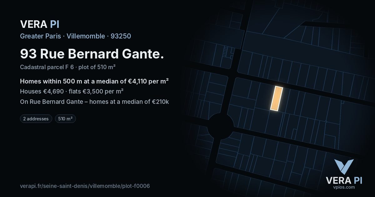 93 Rue Bernard Gante, Villemomble at night – the plot lit, the parcels around coloured by the prices near them