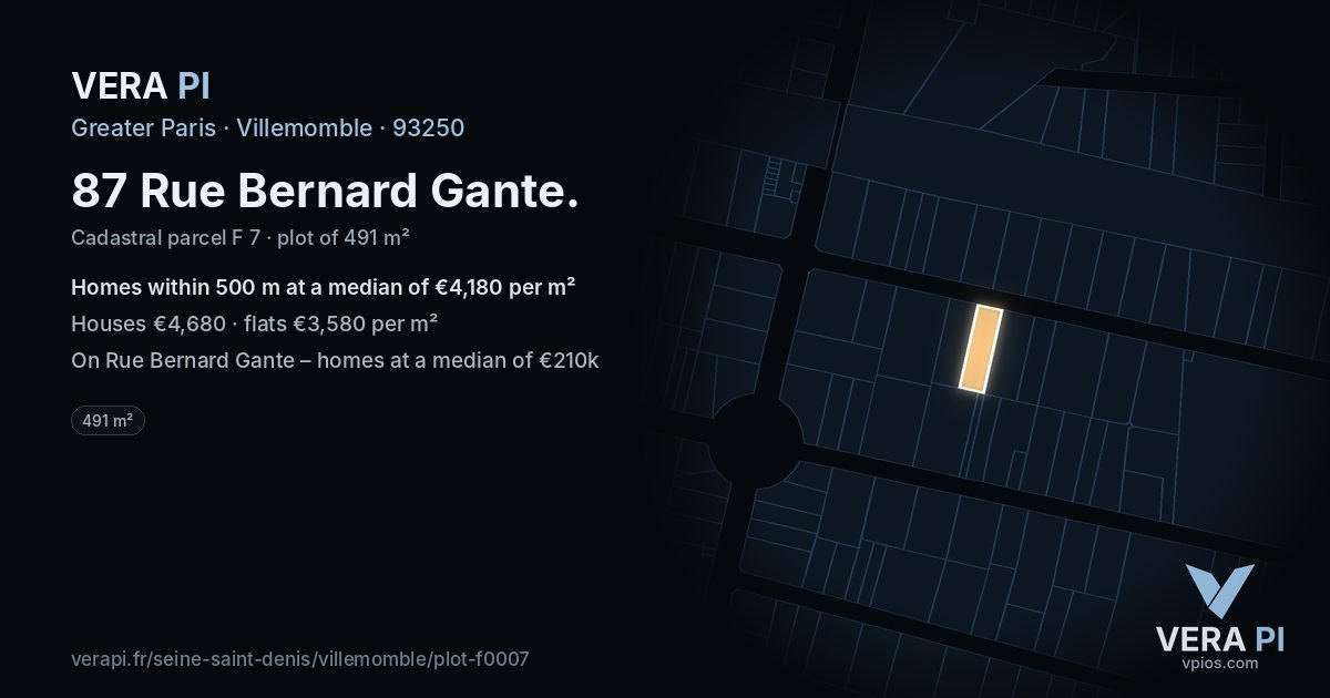 87 Rue Bernard Gante, Villemomble at night – the plot lit, the parcels around coloured by the prices near them
