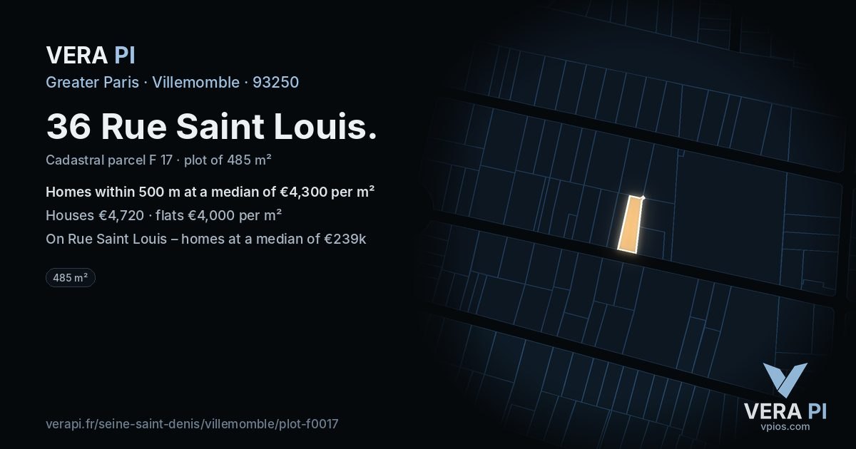 36 Rue Saint Louis, Villemomble at night – the plot lit, the parcels around coloured by the prices near them