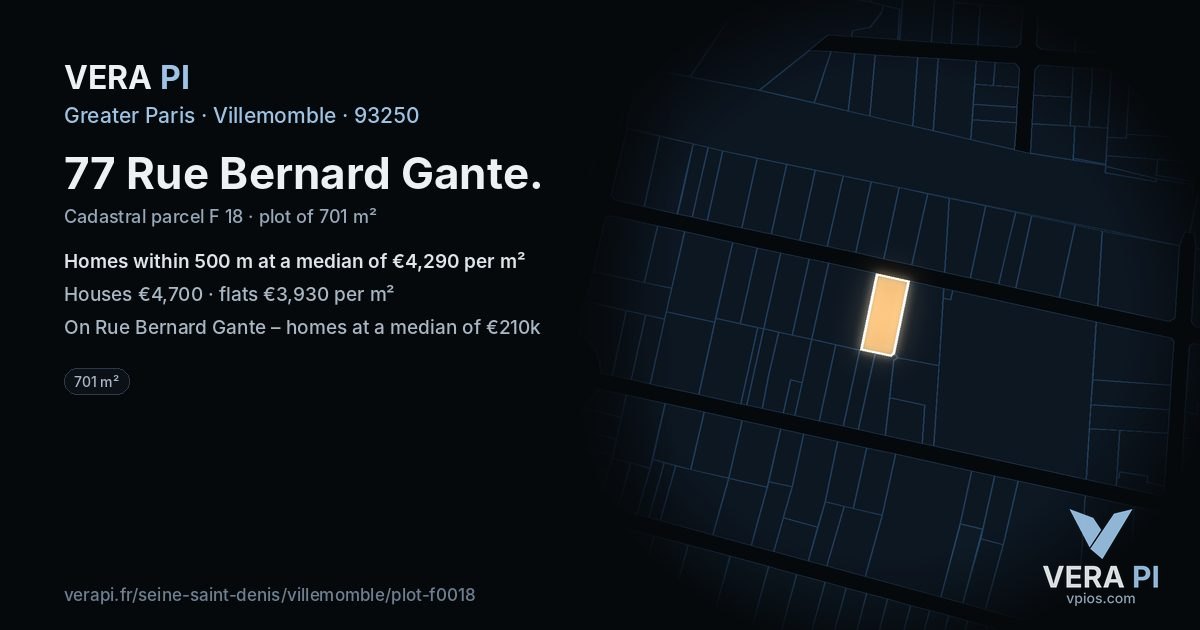 77 Rue Bernard Gante, Villemomble at night – the plot lit, the parcels around coloured by the prices near them