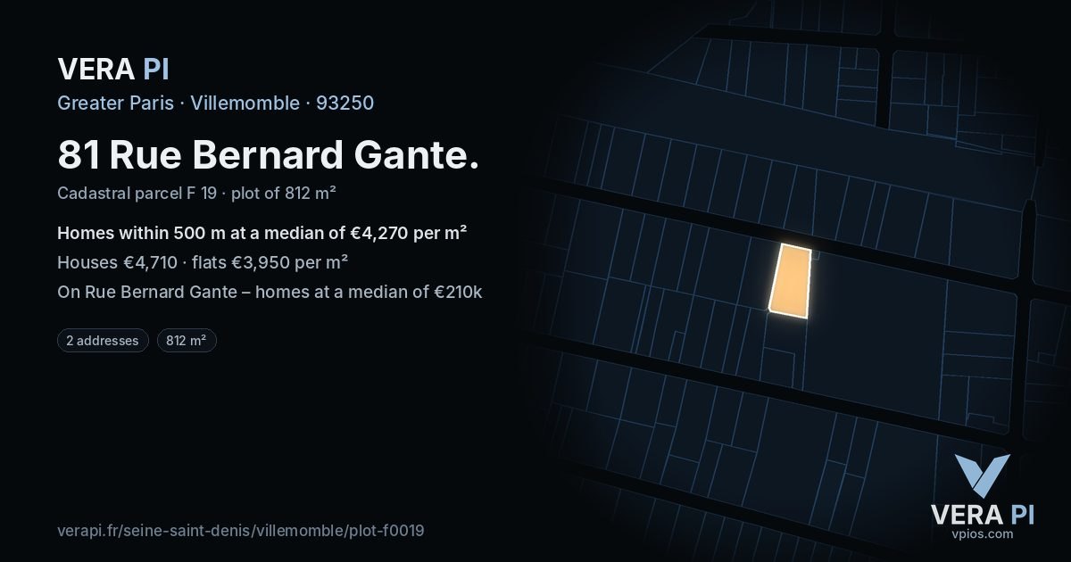 81 Rue Bernard Gante, Villemomble at night – the plot lit, the parcels around coloured by the prices near them