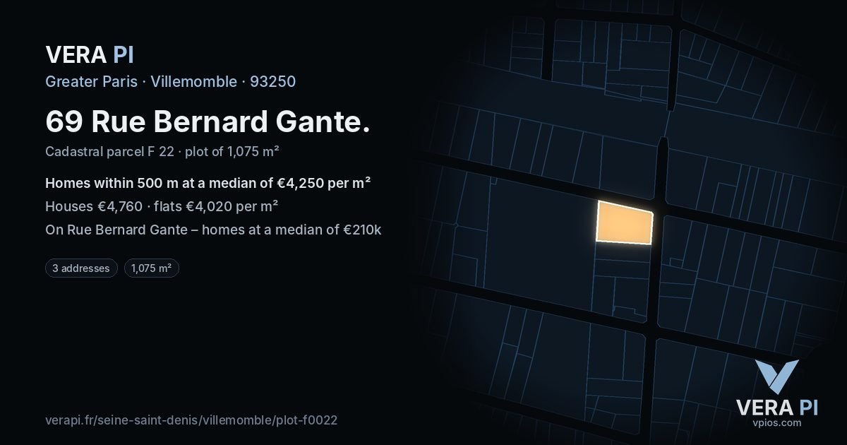 69 Rue Bernard Gante, Villemomble at night – the plot lit, the parcels around coloured by the prices near them