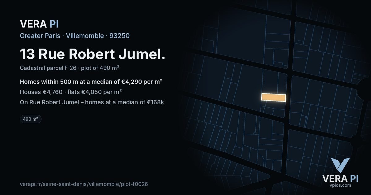 13 Rue Robert Jumel, Villemomble at night – the plot lit, the parcels around coloured by the prices near them