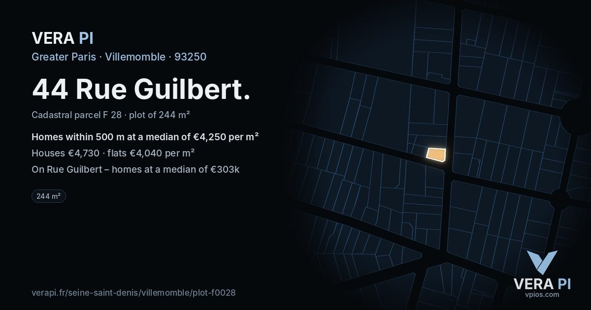 44 Rue Guilbert, Villemomble at night – the plot lit, the parcels around coloured by the prices near them