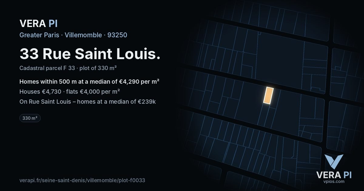 33 Rue Saint Louis, Villemomble at night – the plot lit, the parcels around coloured by the prices near them