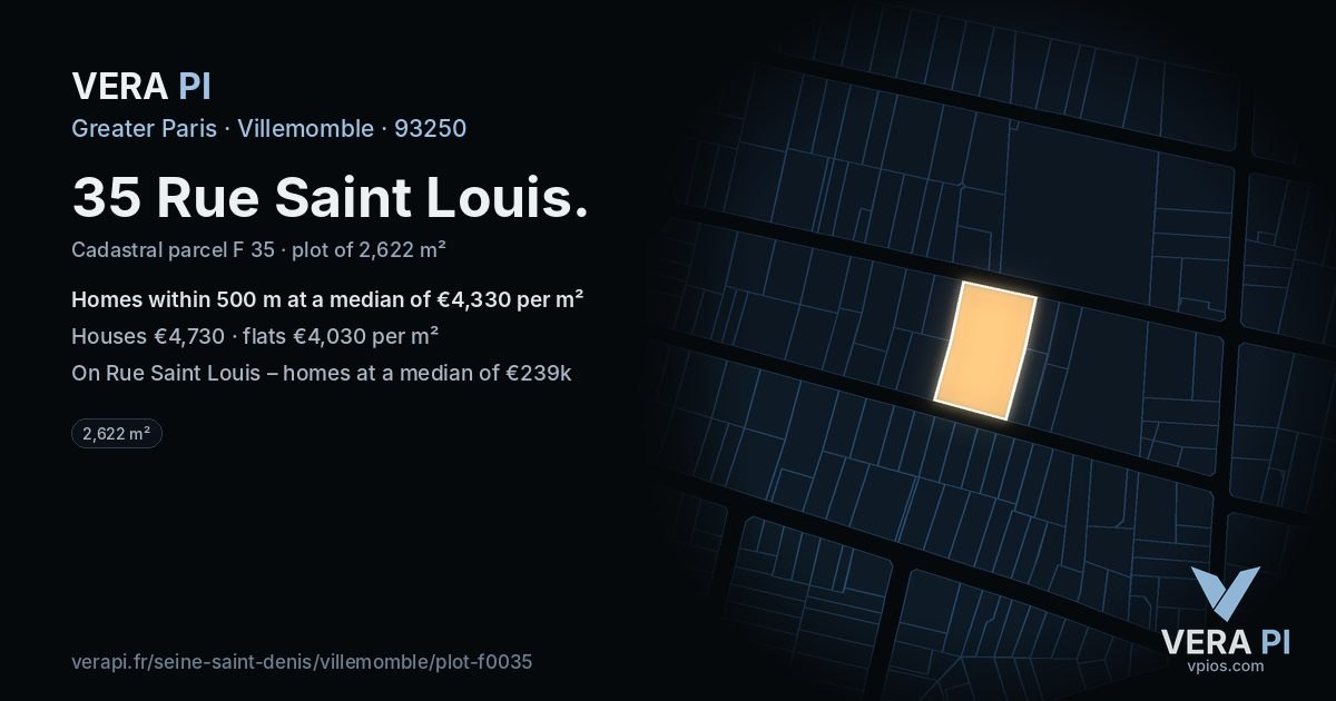 35 Rue Saint Louis, Villemomble at night – the plot lit, the parcels around coloured by the prices near them
