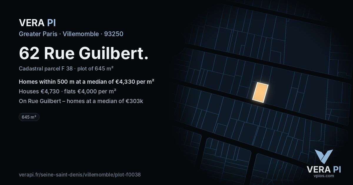 62 Rue Guilbert, Villemomble at night – the plot lit, the parcels around coloured by the prices near them