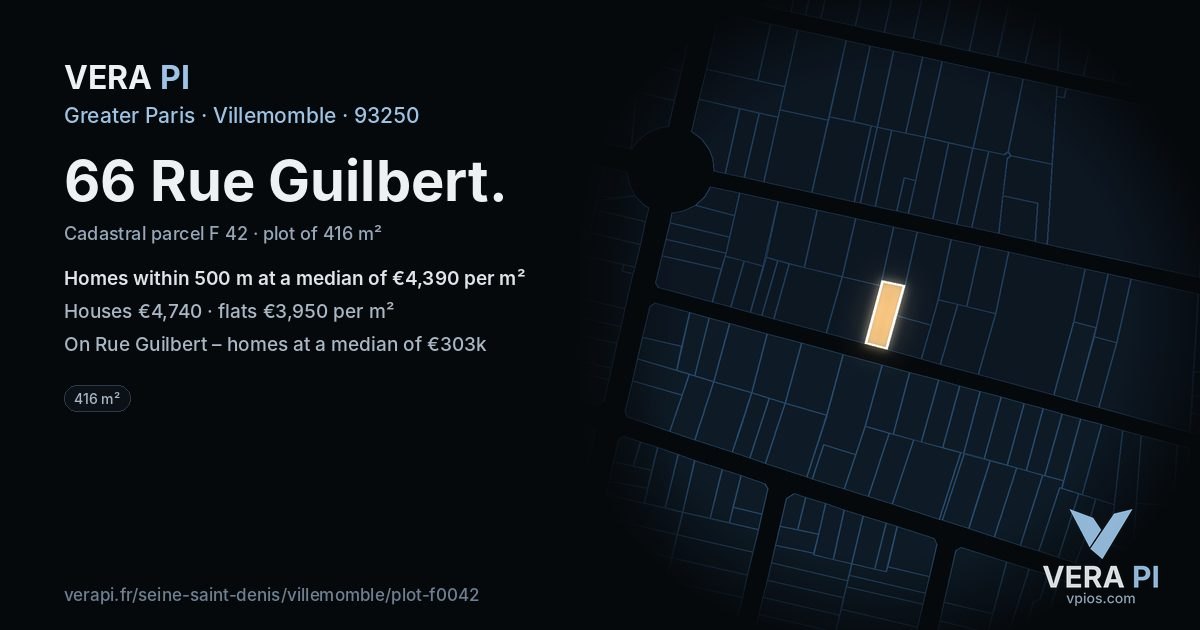 66 Rue Guilbert, Villemomble at night – the plot lit, the parcels around coloured by the prices near them