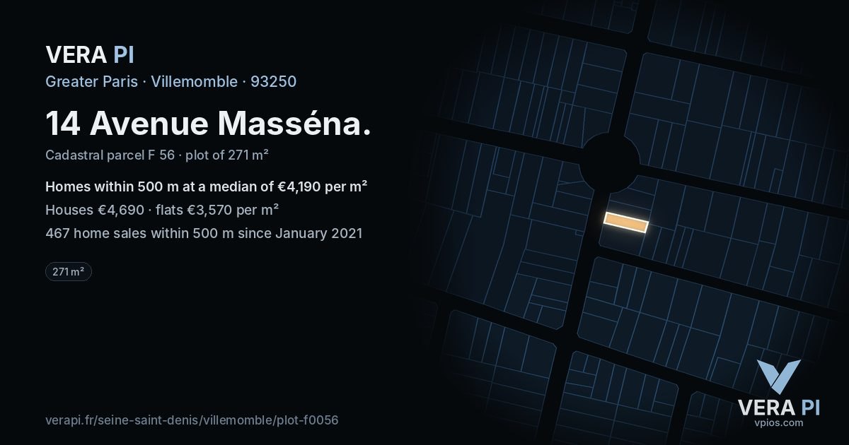 14 Avenue Masséna, Villemomble at night – the plot lit, the parcels around coloured by the prices near them