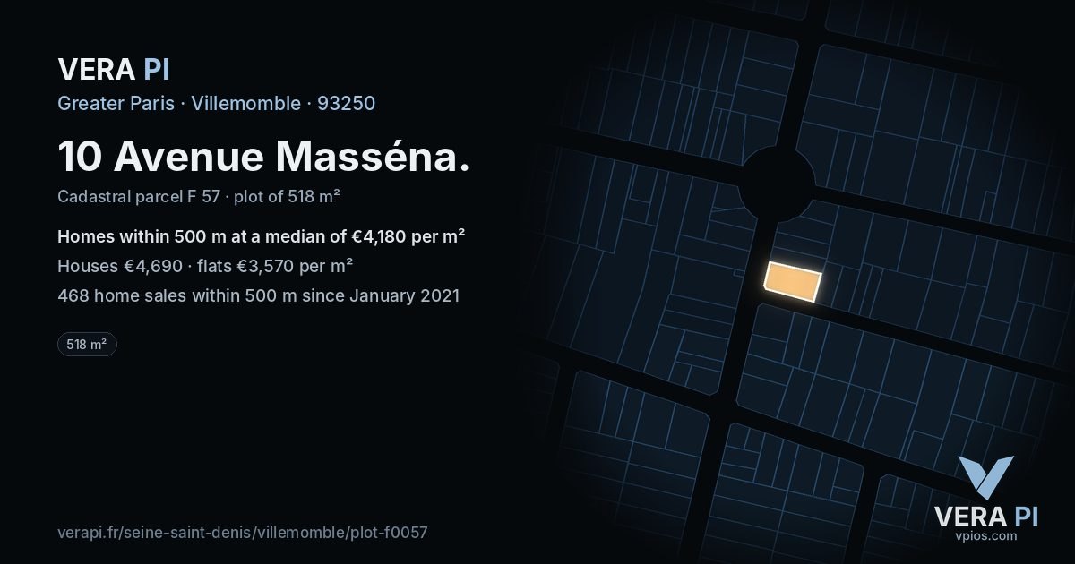 10 Avenue Masséna, Villemomble at night – the plot lit, the parcels around coloured by the prices near them