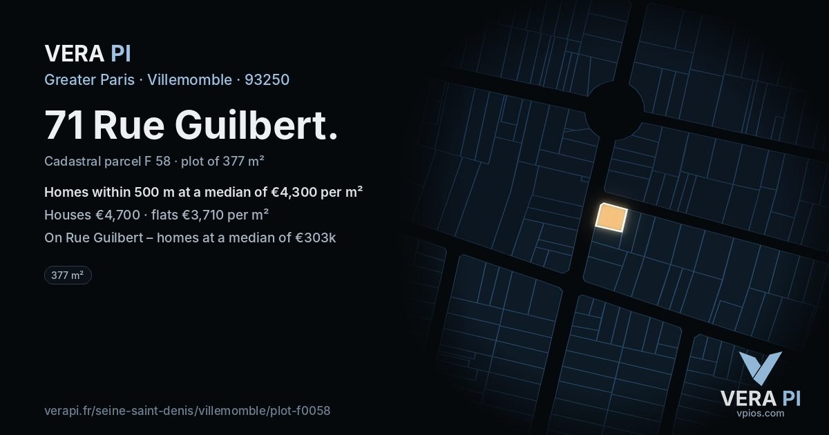 71 Rue Guilbert, Villemomble at night – the plot lit, the parcels around coloured by the prices near them