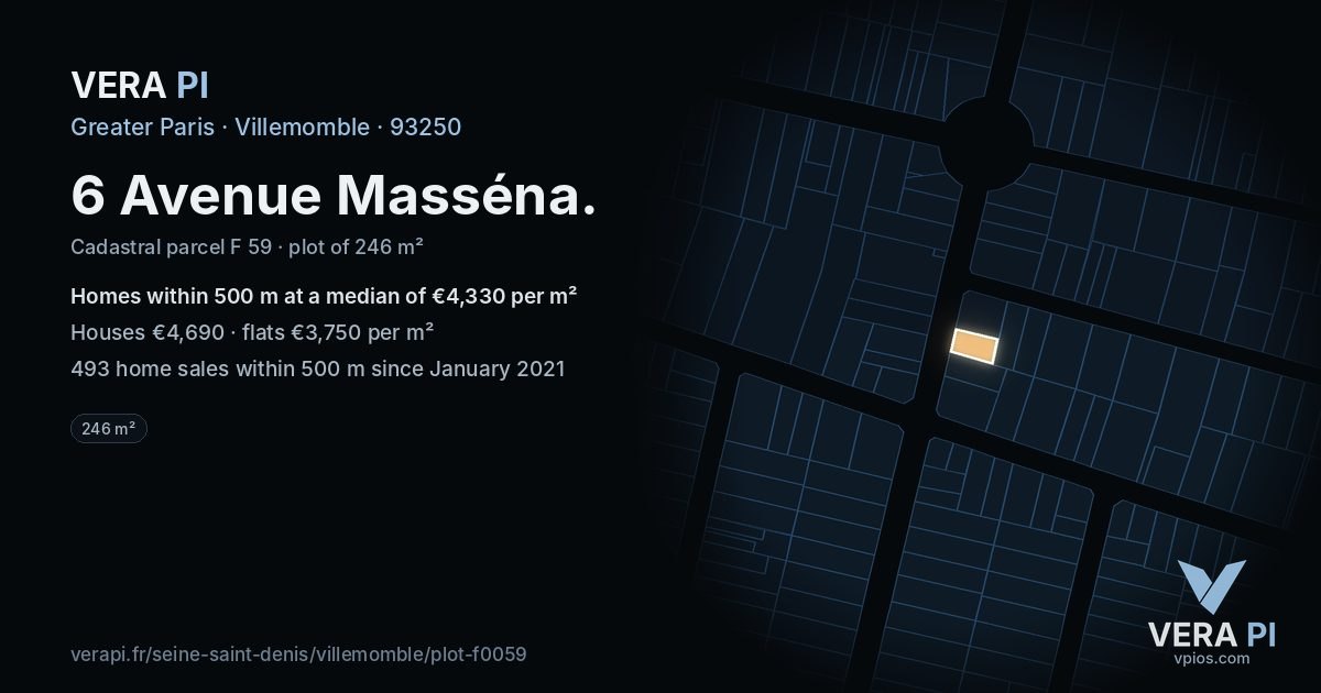 6 Avenue Masséna, Villemomble at night – the plot lit, the parcels around coloured by the prices near them