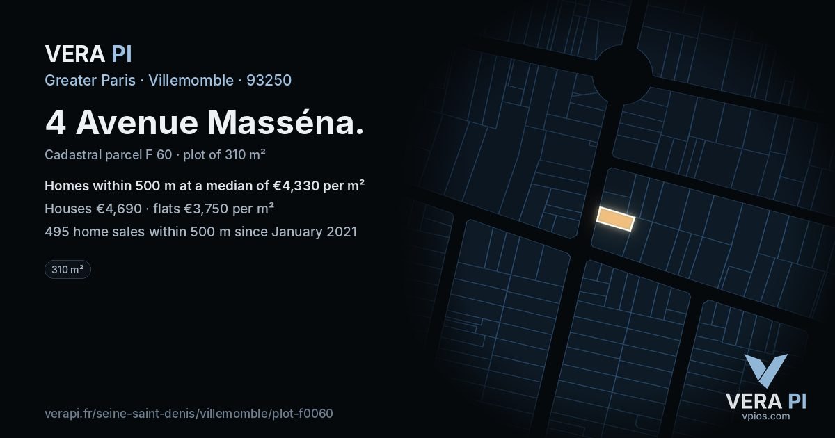 4 Avenue Masséna, Villemomble at night – the plot lit, the parcels around coloured by the prices near them