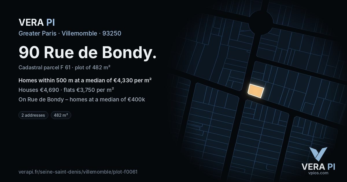 90 Rue de Bondy, Villemomble at night – the plot lit, the parcels around coloured by the prices near them