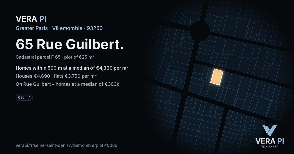 65 Rue Guilbert, Villemomble at night – the plot lit, the parcels around coloured by the prices near them