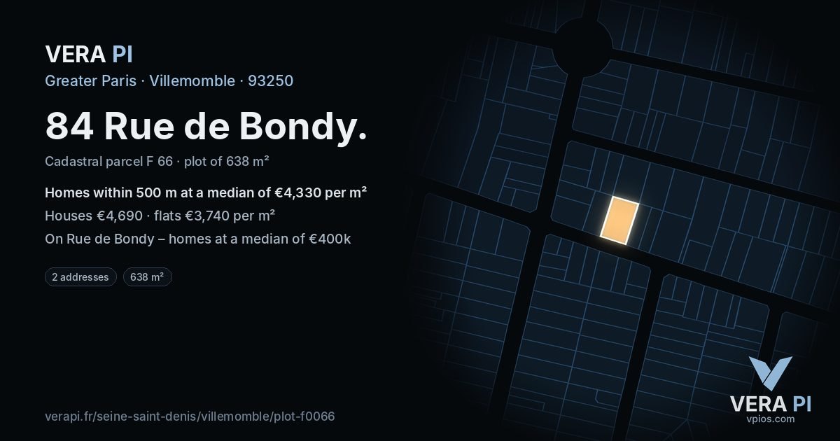 84 Rue de Bondy, Villemomble at night – the plot lit, the parcels around coloured by the prices near them