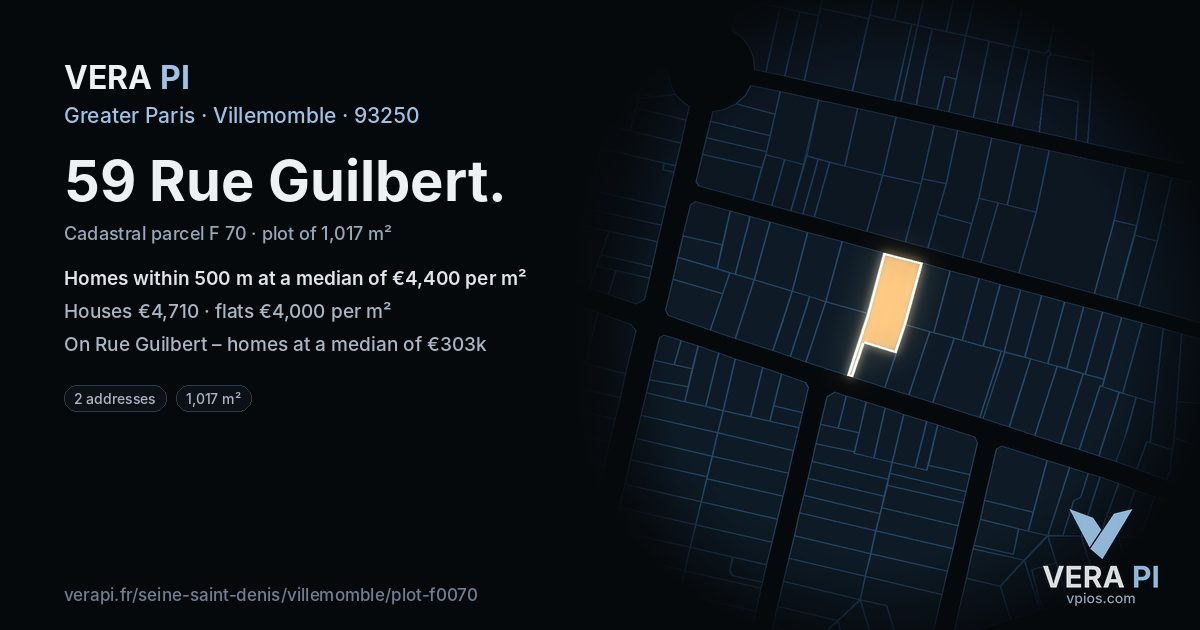 59 Rue Guilbert, Villemomble at night – the plot lit, the parcels around coloured by the prices near them