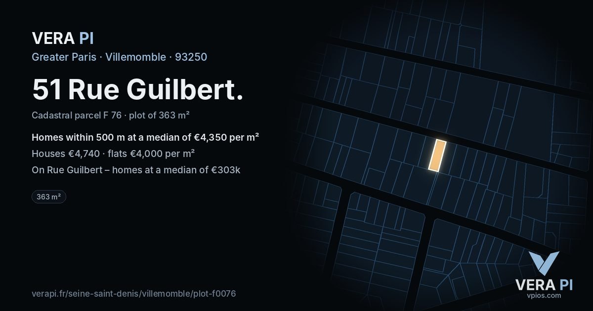 51 Rue Guilbert, Villemomble at night – the plot lit, the parcels around coloured by the prices near them
