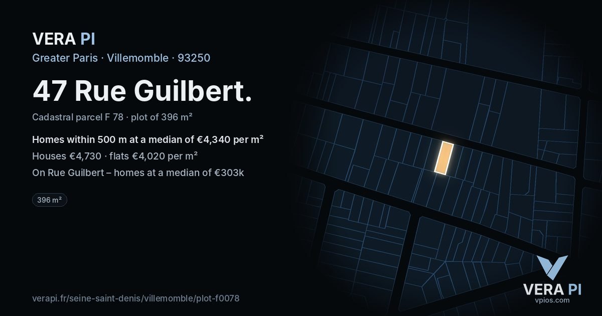 47 Rue Guilbert, Villemomble at night – the plot lit, the parcels around coloured by the prices near them