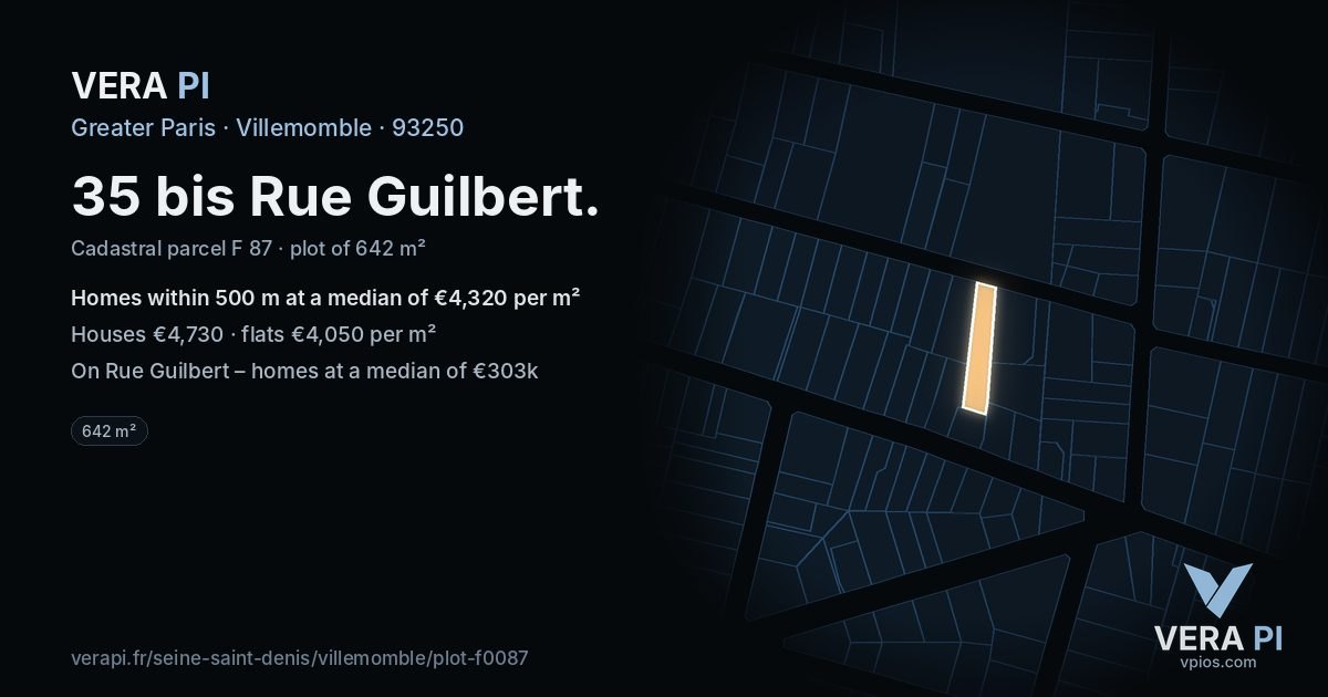 35 bis Rue Guilbert, Villemomble at night – the plot lit, the parcels around coloured by the prices near them