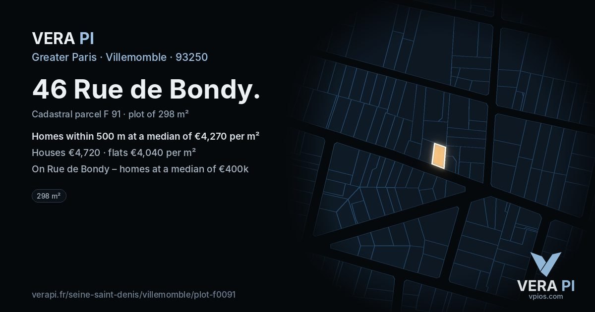 46 Rue de Bondy, Villemomble at night – the plot lit, the parcels around coloured by the prices near them