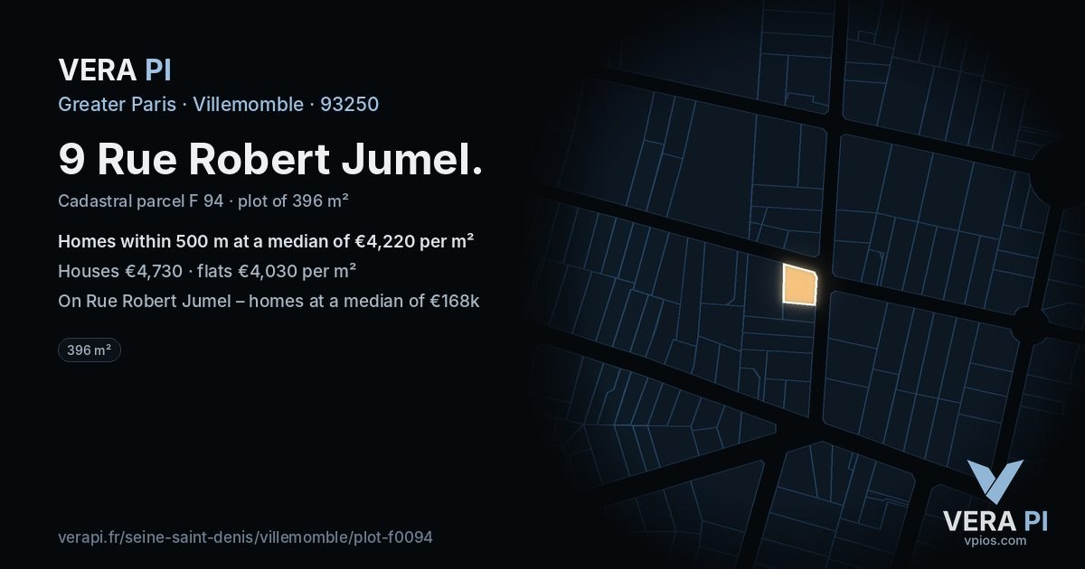 9 Rue Robert Jumel, Villemomble at night – the plot lit, the parcels around coloured by the prices near them