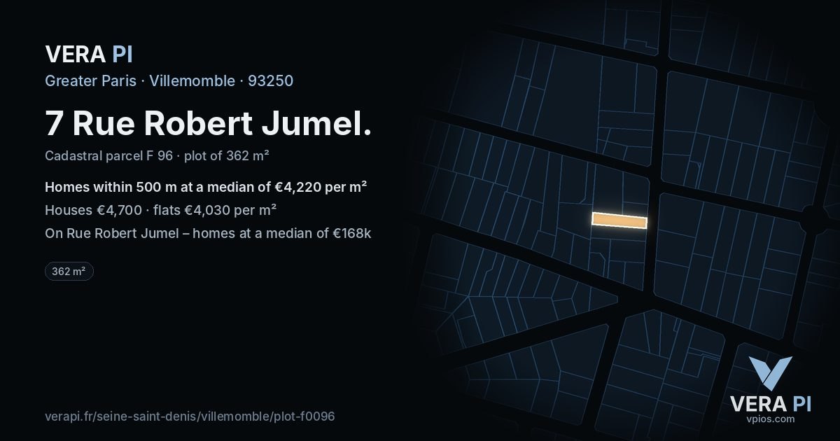 7 Rue Robert Jumel, Villemomble at night – the plot lit, the parcels around coloured by the prices near them