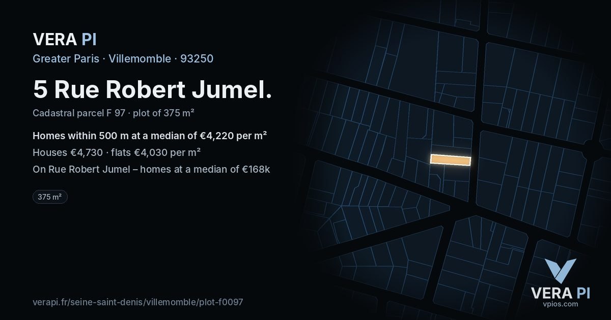 5 Rue Robert Jumel, Villemomble at night – the plot lit, the parcels around coloured by the prices near them